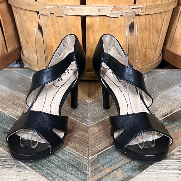 Life Stride Mega Faux Black Leather Pump Heel Peep Toe Dress Sandals Womens 6 - Picture 7 of 11